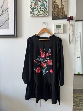 Express Black Mini Dress with Red & Blue Floral Embroidery